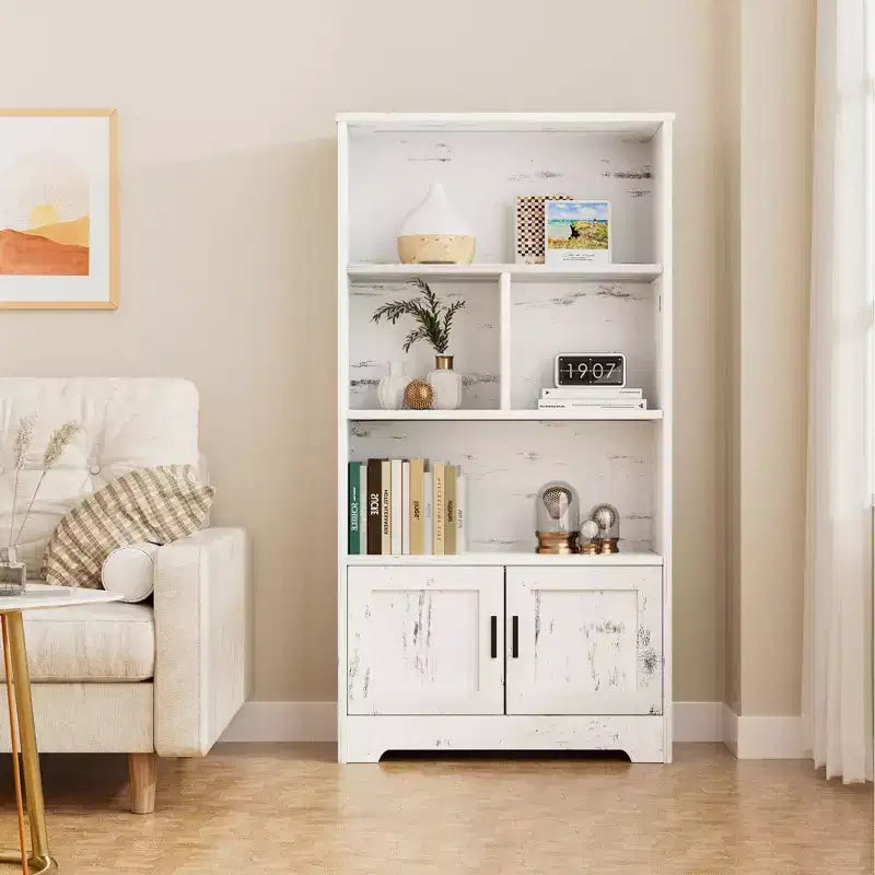 Étagère de rangement moderne à 4 niveaux avec éclairage, bibliothèque haute blanche avec portes et étagères, bibliothèque avec placards de rangement pour le salon