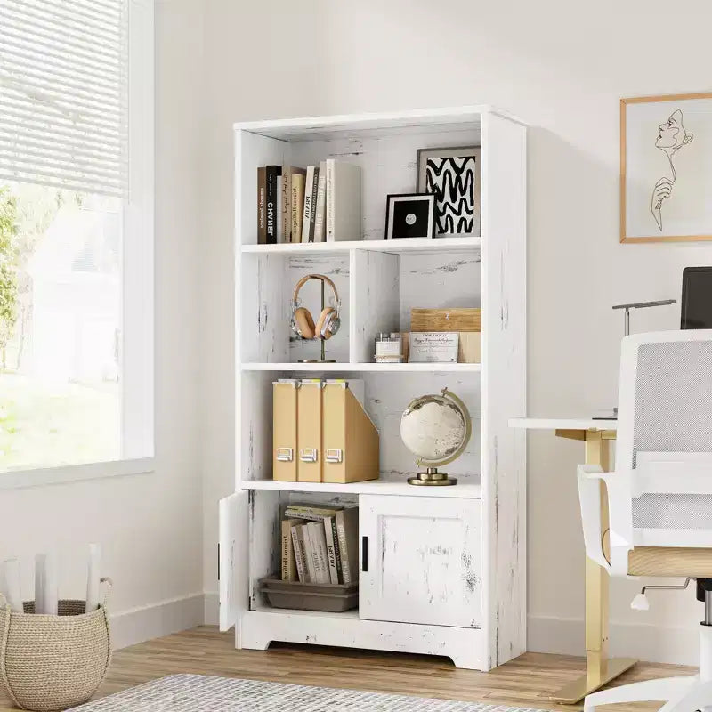 Étagère de rangement moderne à 4 niveaux avec éclairage, bibliothèque haute blanche avec portes et étagères, bibliothèque avec placards de rangement pour le salon