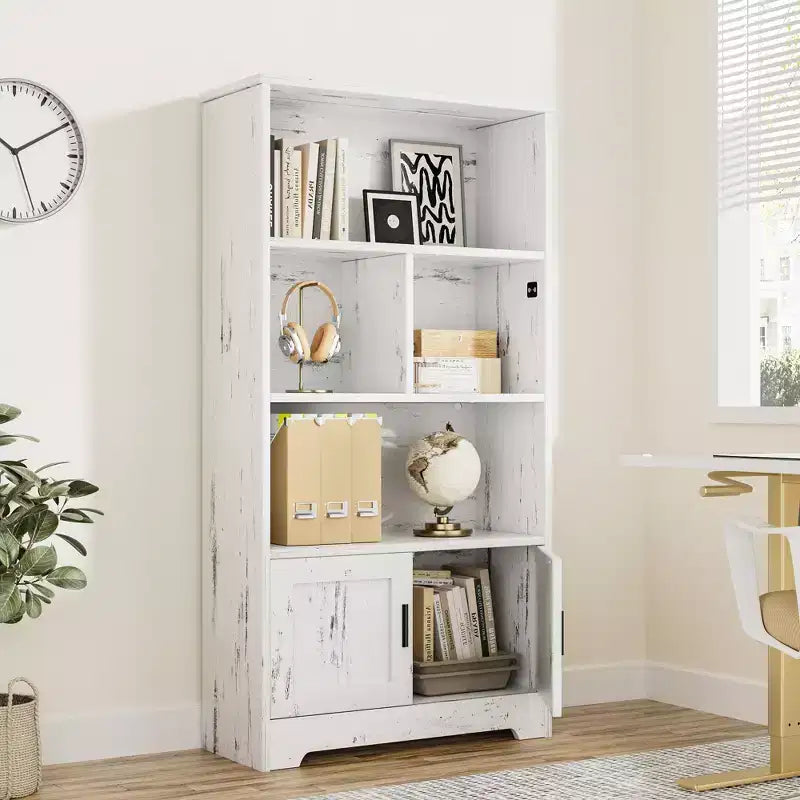 Étagère de rangement moderne à 4 niveaux avec éclairage, bibliothèque haute blanche avec portes et étagères, bibliothèque avec placards de rangement pour le salon
