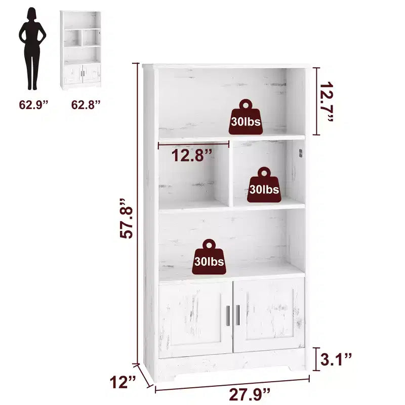 Étagère de rangement moderne à 4 niveaux avec éclairage, bibliothèque haute blanche avec portes et étagères, bibliothèque avec placards de rangement pour le salon