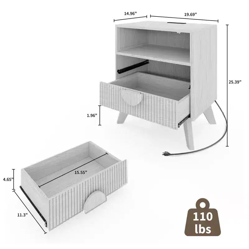 Table de chevet cannelée, table de chevet haute en bois avec ports USB et prises de courant, 2 tiroirs et étagère ouverte, table d'appoint moderne pour chambre à coucher