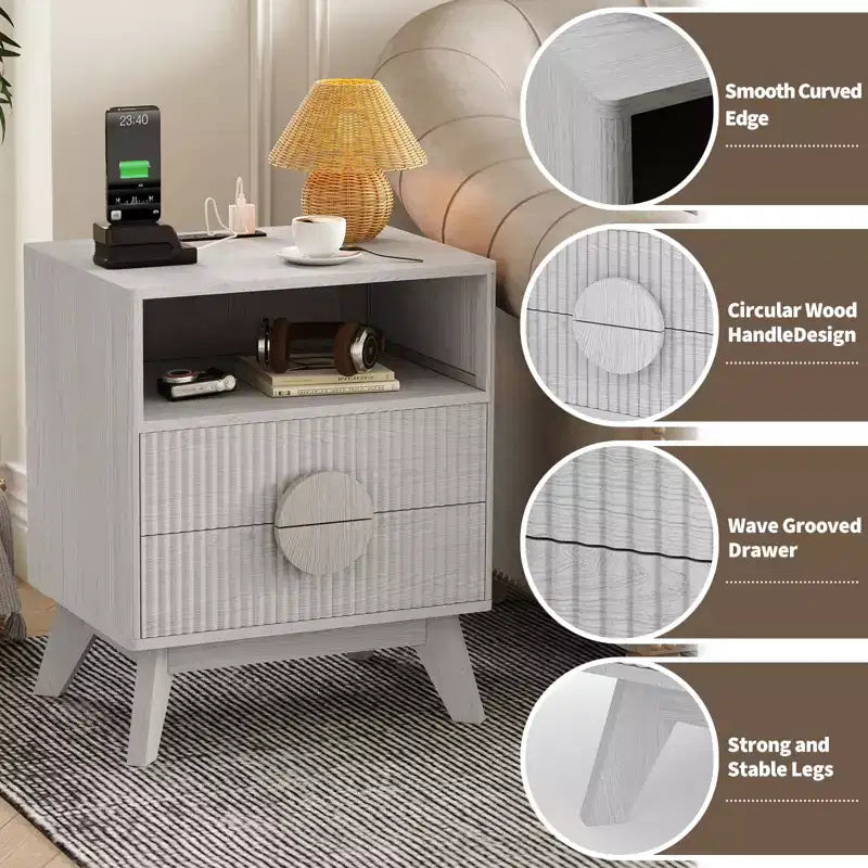 Table de chevet cannelée, table de chevet haute en bois avec ports USB et prises de courant, 2 tiroirs et étagère ouverte, table d'appoint moderne pour chambre à coucher