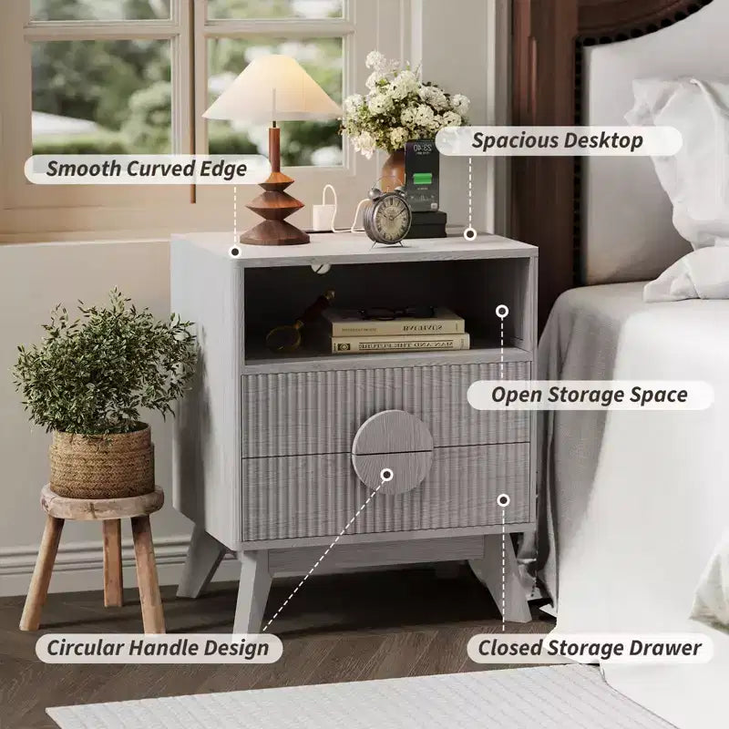 Table de chevet cannelée, table de chevet haute en bois avec ports USB et prises de courant, 2 tiroirs et étagère ouverte, table d'appoint moderne pour chambre à coucher