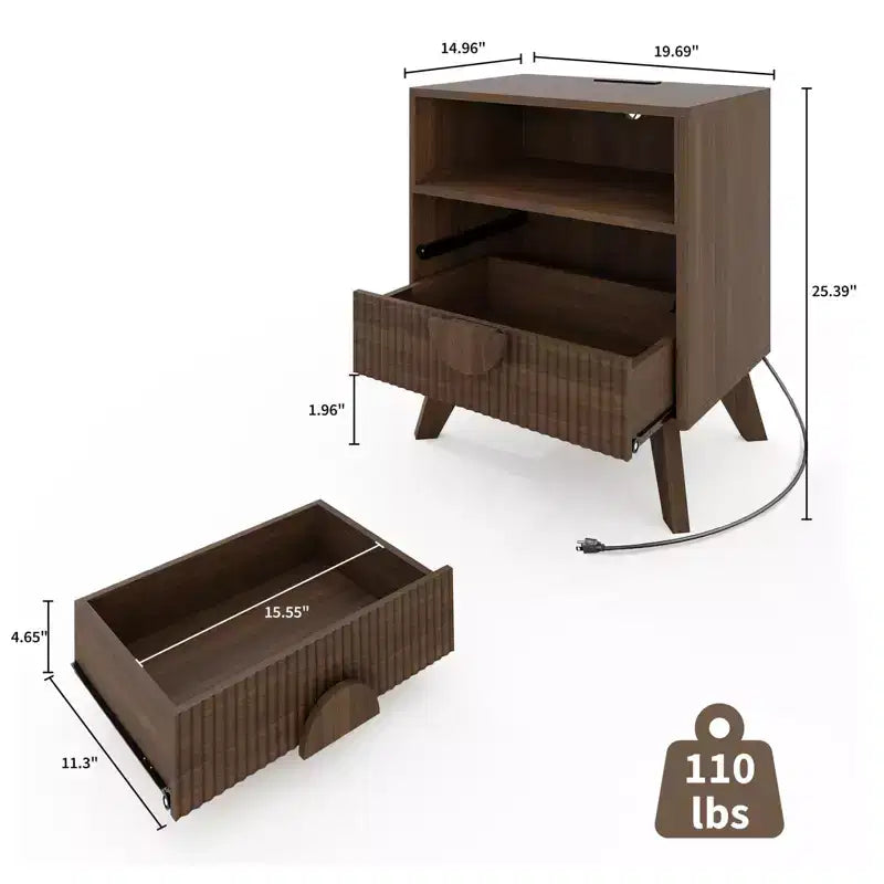 Table de chevet cannelée, table de chevet haute en bois avec ports USB et prises de courant, 2 tiroirs et étagère ouverte, table d'appoint moderne pour chambre à coucher