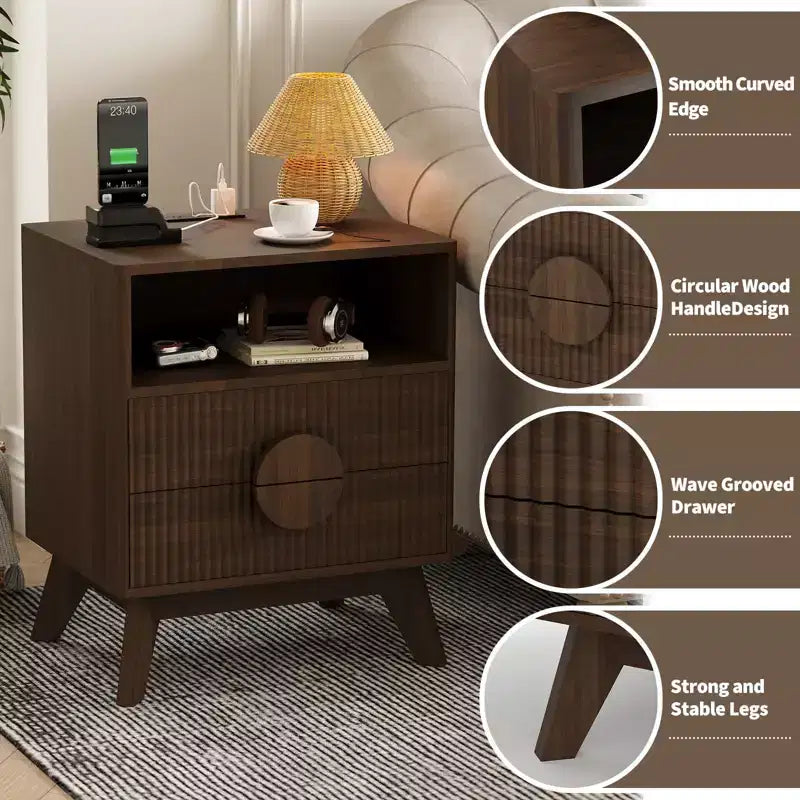 Table de chevet cannelée, table de chevet haute en bois avec ports USB et prises de courant, 2 tiroirs et étagère ouverte, table d'appoint moderne pour chambre à coucher