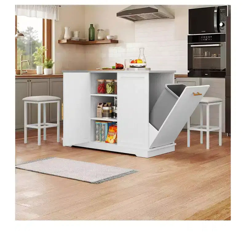 Îlots de Cuisine Roulants avec Poubelle Intégrée et Sièges, Table à Manger Pliante avec 2 Tabourets, Table à Manger Roulante avec Prise Électrique, Étagère à Épices