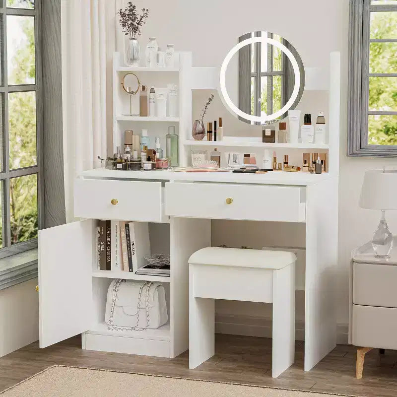 Coiffeuse élégante avec chaise rembourrée, table de toilette avec miroir rond et grand espace de rangement, bureau de maquillage pour salon, chambre à coucher, blanc