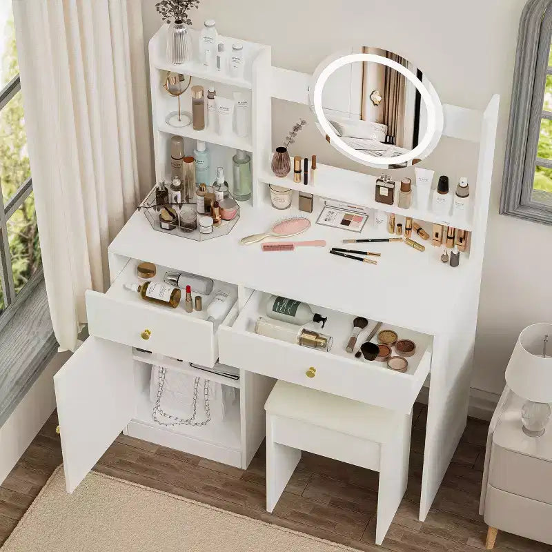 Coiffeuse élégante avec chaise rembourrée, table de toilette avec miroir rond et grand espace de rangement, bureau de maquillage pour salon, chambre à coucher, blanc