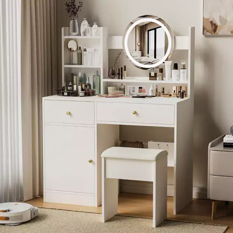 Coiffeuse élégante avec chaise rembourrée, table de toilette avec miroir rond et grand espace de rangement, bureau de maquillage pour salon, chambre à coucher, blanc