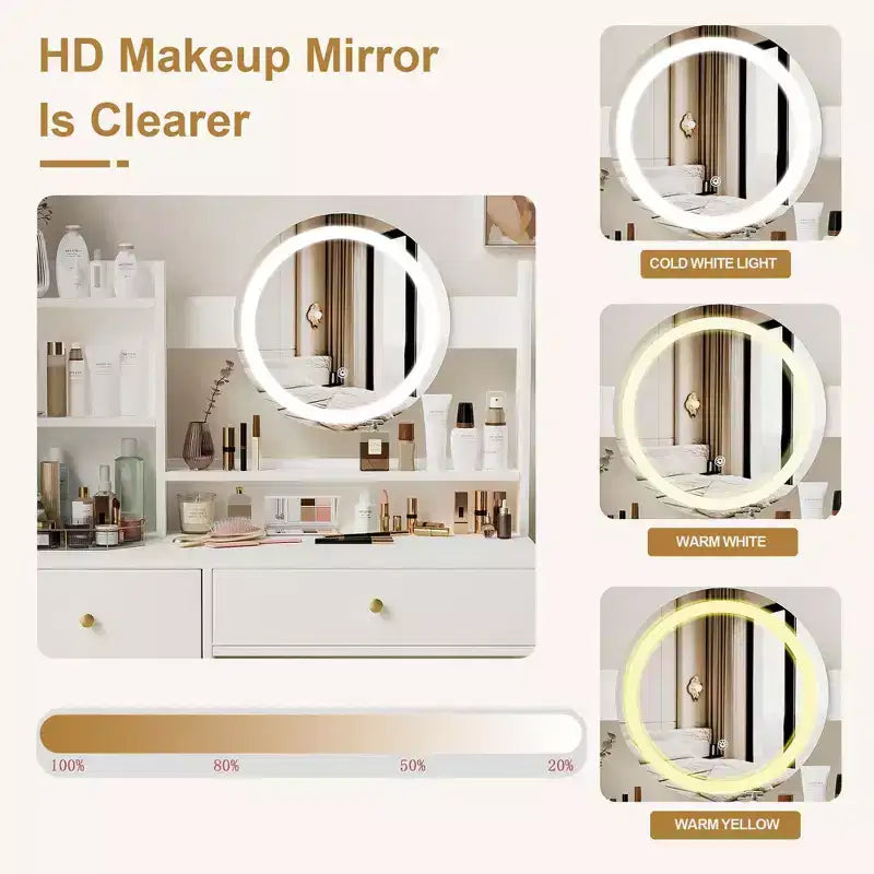 Coiffeuse élégante avec chaise rembourrée, table de toilette avec miroir rond et grand espace de rangement, bureau de maquillage pour salon, chambre à coucher, blanc