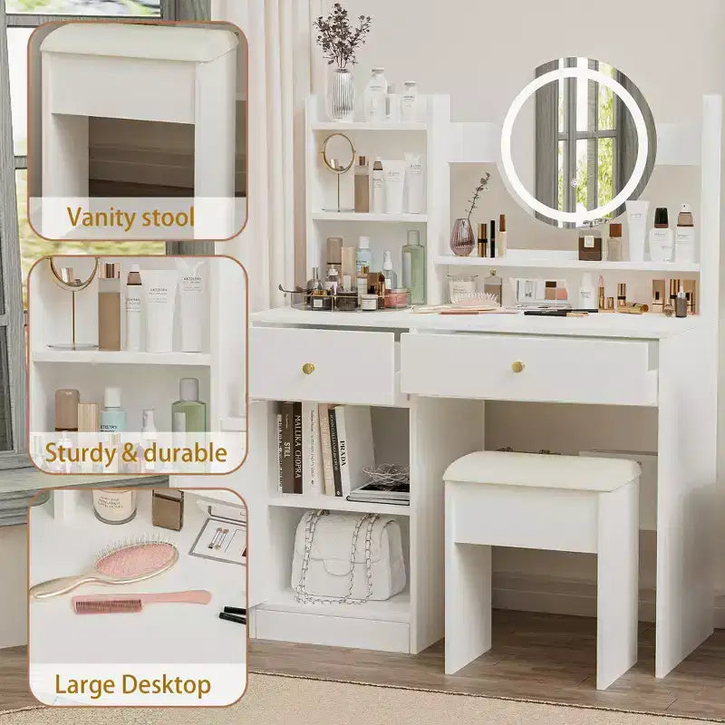 Coiffeuse élégante avec chaise rembourrée, table de toilette avec miroir rond et grand espace de rangement, bureau de maquillage pour salon, chambre à coucher, blanc