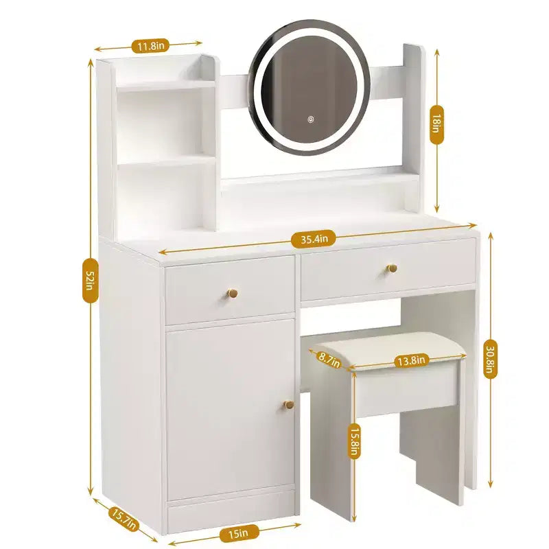 Coiffeuse élégante avec chaise rembourrée, table de toilette avec miroir rond et grand espace de rangement, bureau de maquillage pour salon, chambre à coucher, blanc