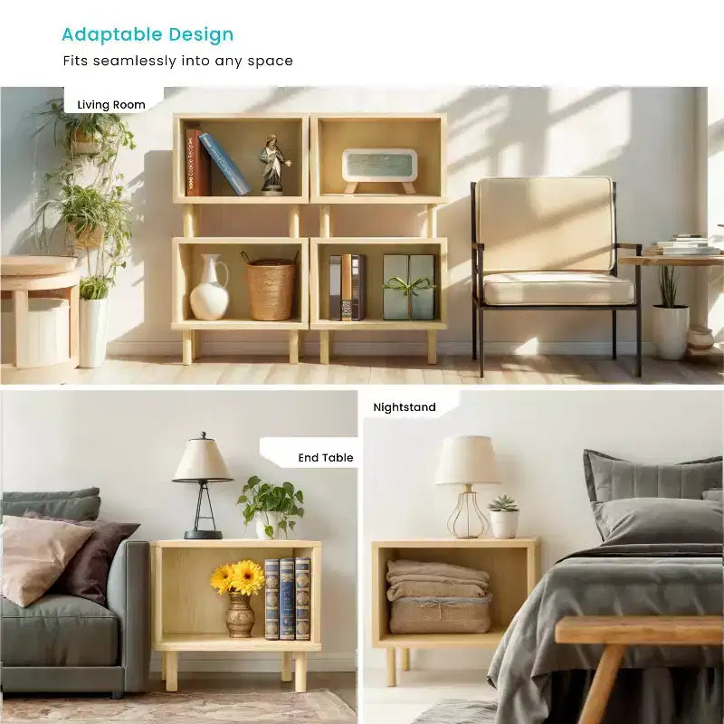 Table d'appoint cube de rangement empilable avec pieds en bois d'hévéa