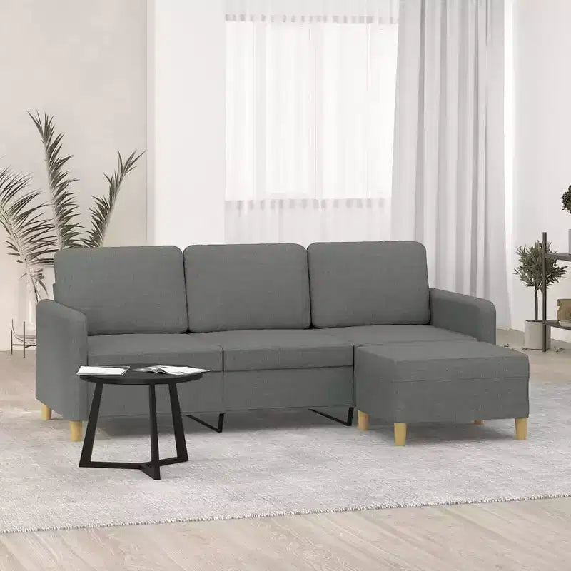 Canapé 3 places avec fauteuil et repose-pieds en tissu pour salon - Gris foncé