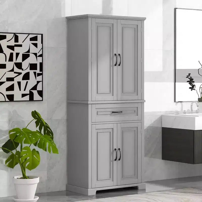 Armoire de rangement de salle de bain, Armoire haute grand meuble de rangement avec 2 tiroirs et étagères ouvertes