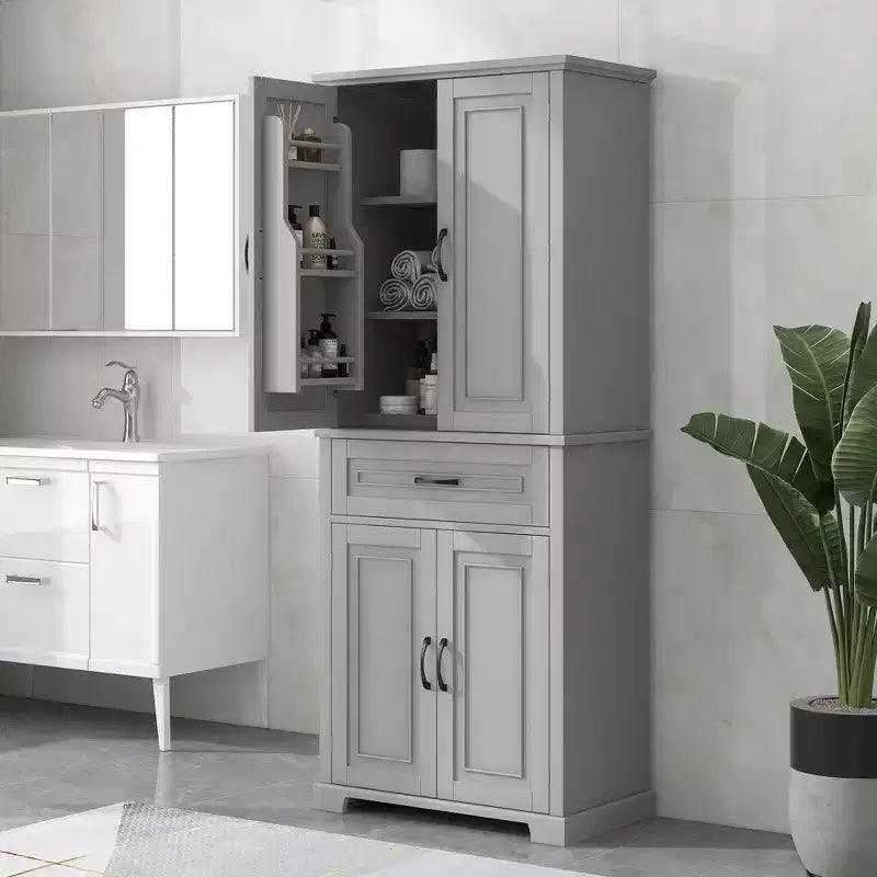 Armoire de rangement de salle de bain, Armoire haute grand meuble de rangement avec 2 tiroirs et étagères ouvertes