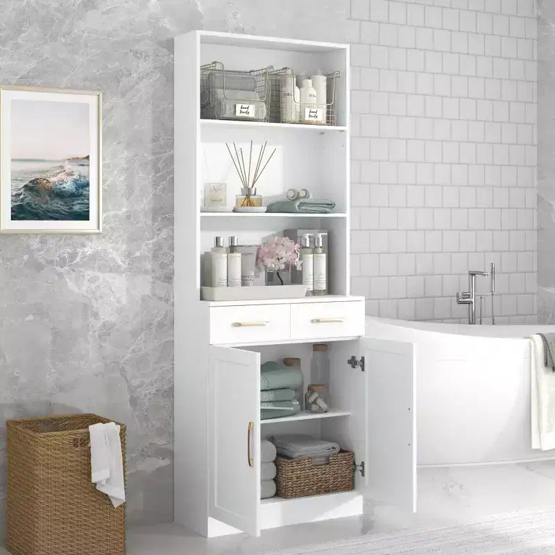 Armoire de rangement de salle de bain, Armoire haute grand meuble de rangement avec 2 tiroirs et étagères ouvertes