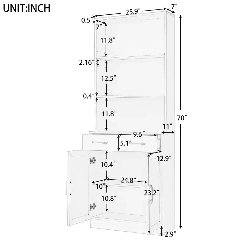 Armoire de rangement de salle de bain, Armoire haute grand meuble de rangement avec 2 tiroirs et étagères ouvertes