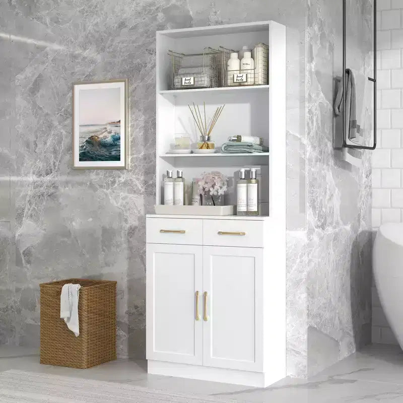 Armoire de rangement de salle de bain, Armoire haute grand meuble de rangement avec 2 tiroirs et étagères ouvertes