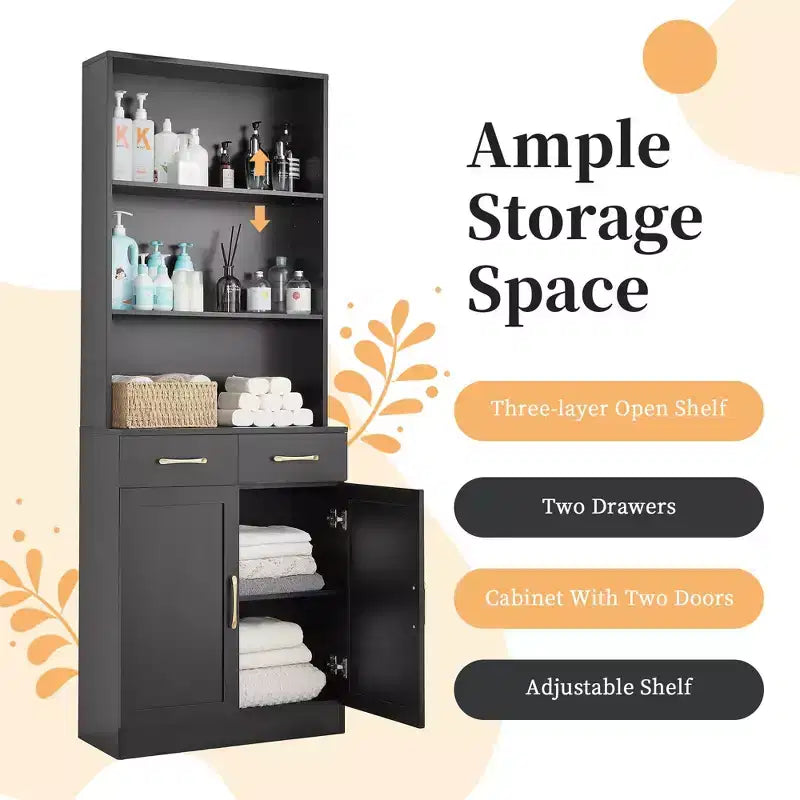 Armoire de rangement de salle de bain, Armoire haute grand meuble de rangement avec 2 tiroirs et étagères ouvertes