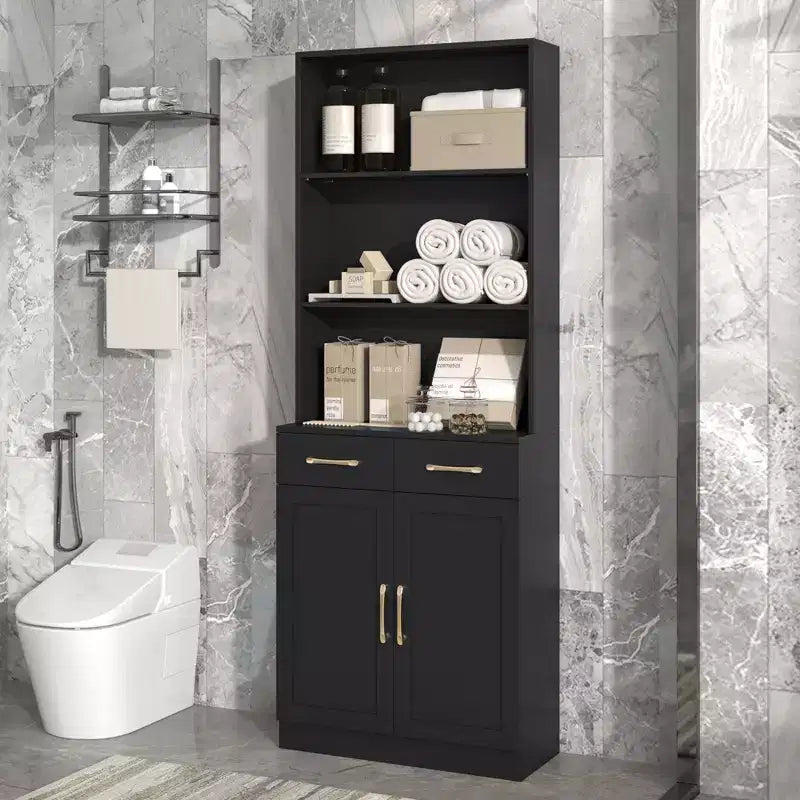 Armoire de rangement de salle de bain, Armoire haute grand meuble de rangement avec 2 tiroirs et étagères ouvertes